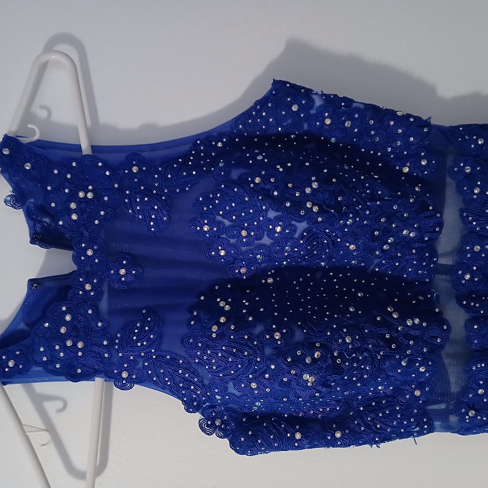 Anny Lee Blue Sequined Lace Wedding Prom Cocktail Evening Gown Dress Small - Picture 3 of 15